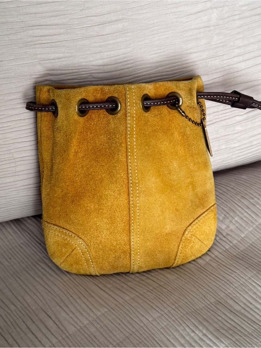 Coach Soho Suede Drawstring Bucket Bag in Mustard Yellow